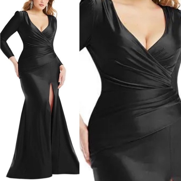 CYNTHIA & SAHAR Yasmeen Black Plunge Luxe Satin High Slit Evening Gown CS102 - Picture 14 of 15